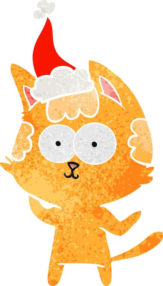 happy retro cartoon of a cat wearing santa hat vector