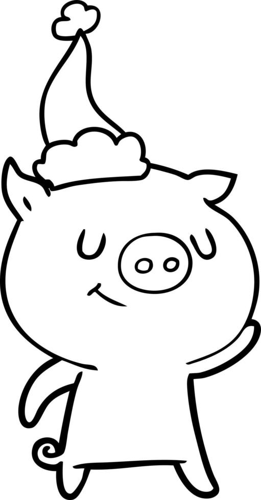 happy line drawing of a pig wearing santa hat vector