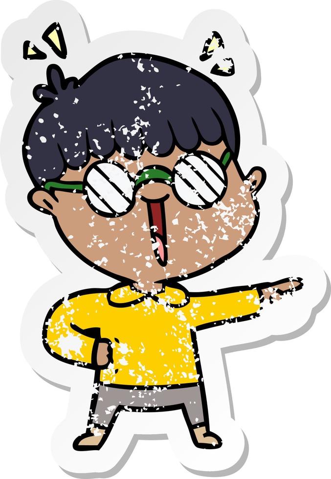 distressed sticker of a cartoon boy wearing spectacles vector