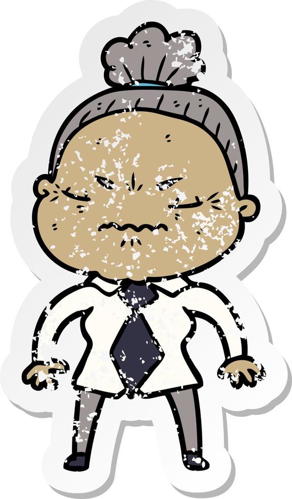 distressed sticker of a cartoon annoyed old lady vector