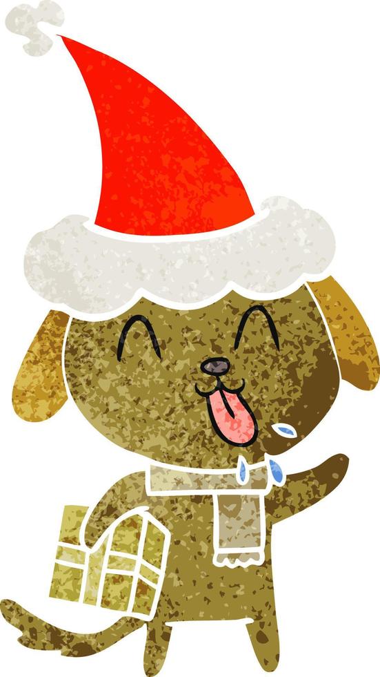 cute retro cartoon of a dog with christmas present wearing santa hat vector
