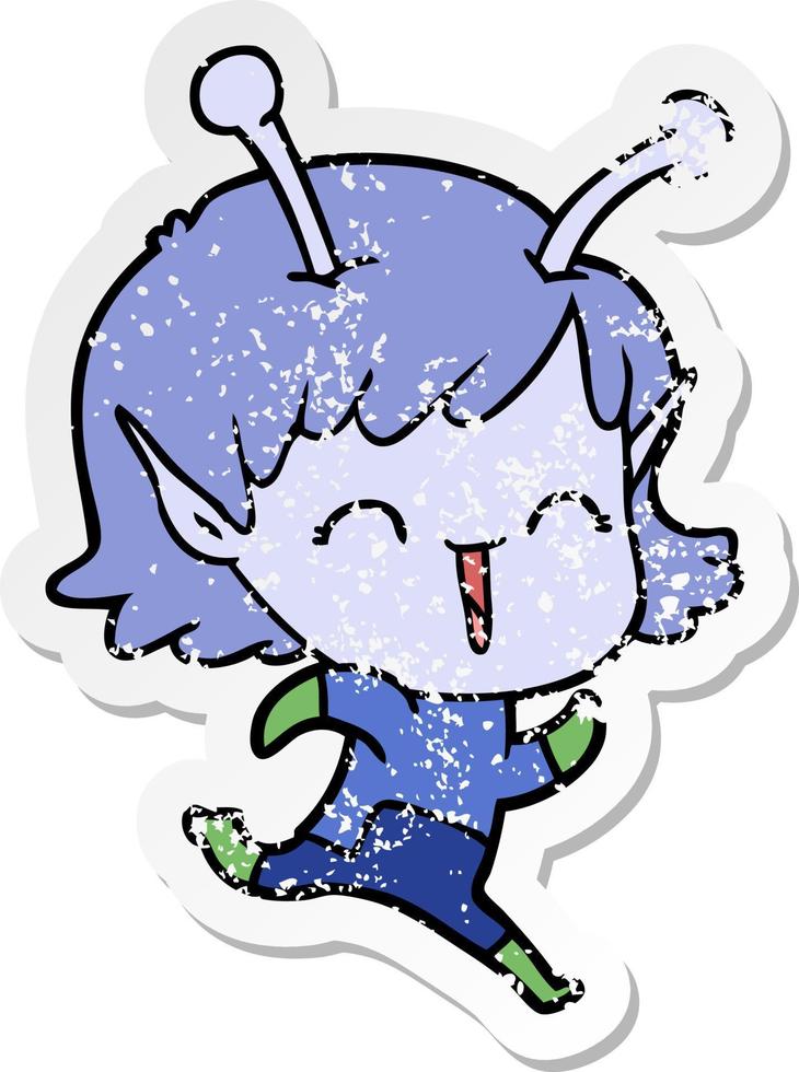 distressed sticker of a cartoon alien girl laughing vector