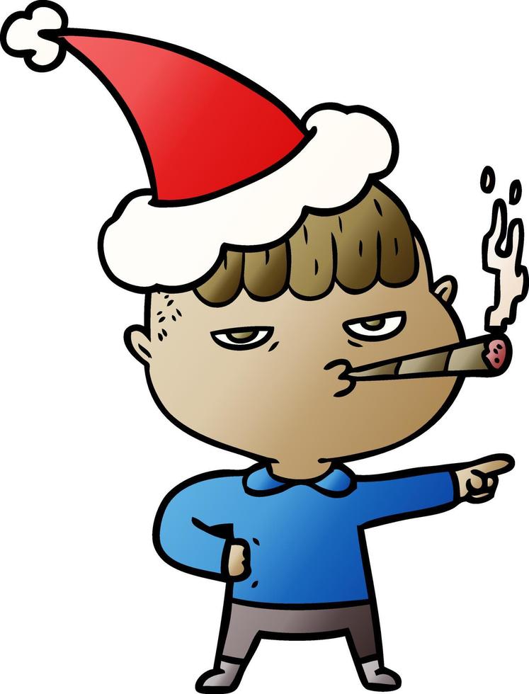 gradient cartoon of a man smoking wearing santa hat vector
