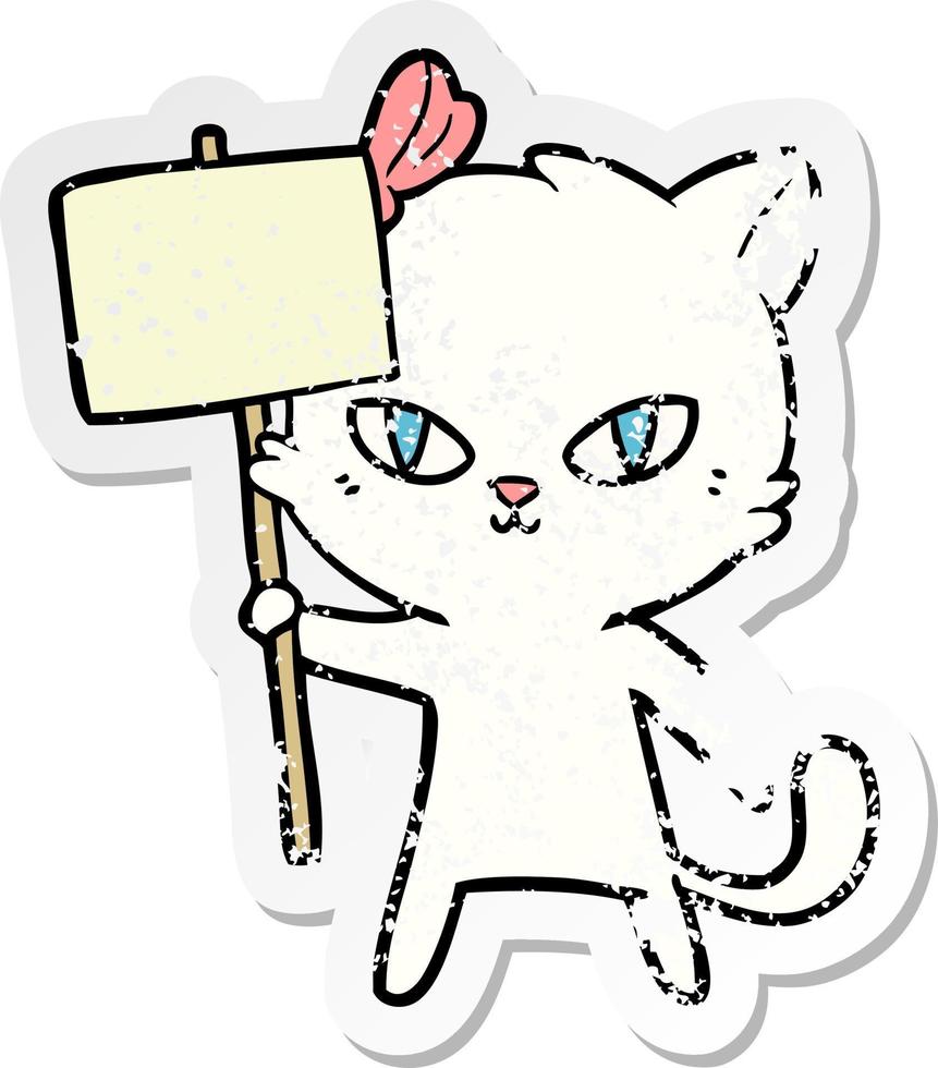 distressed sticker of a cute cartoon cat with protest sign vector