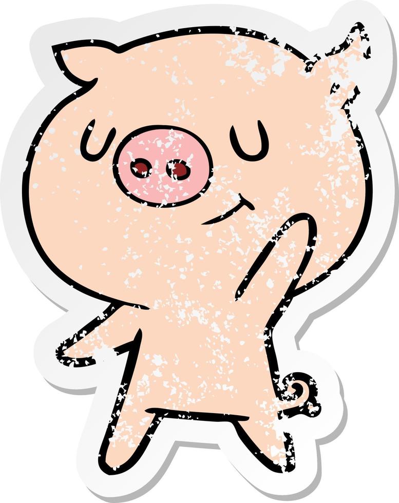 distressed sticker of a happy cartoon pig waving vector