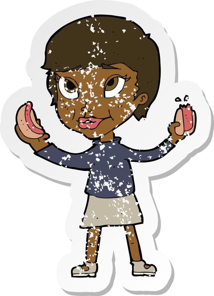 retro distressed sticker of a cartoon woman eating hotdogs vector