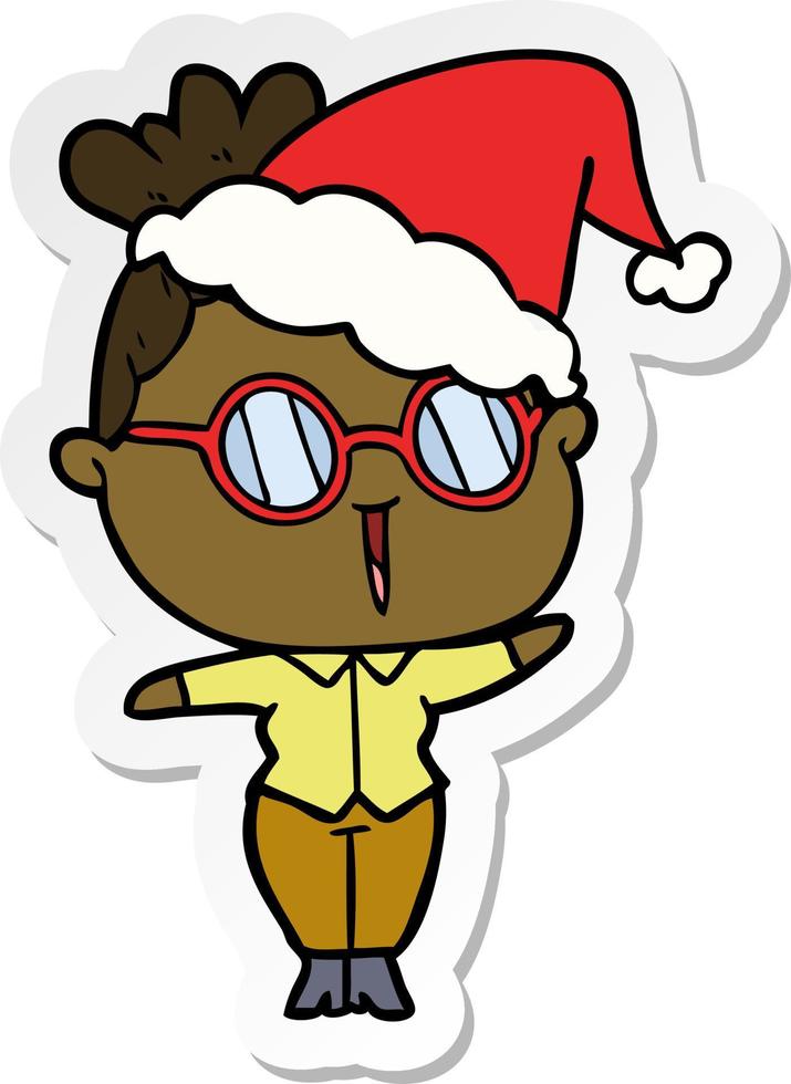 sticker cartoon of a woman wearing spectacles wearing santa hat vector