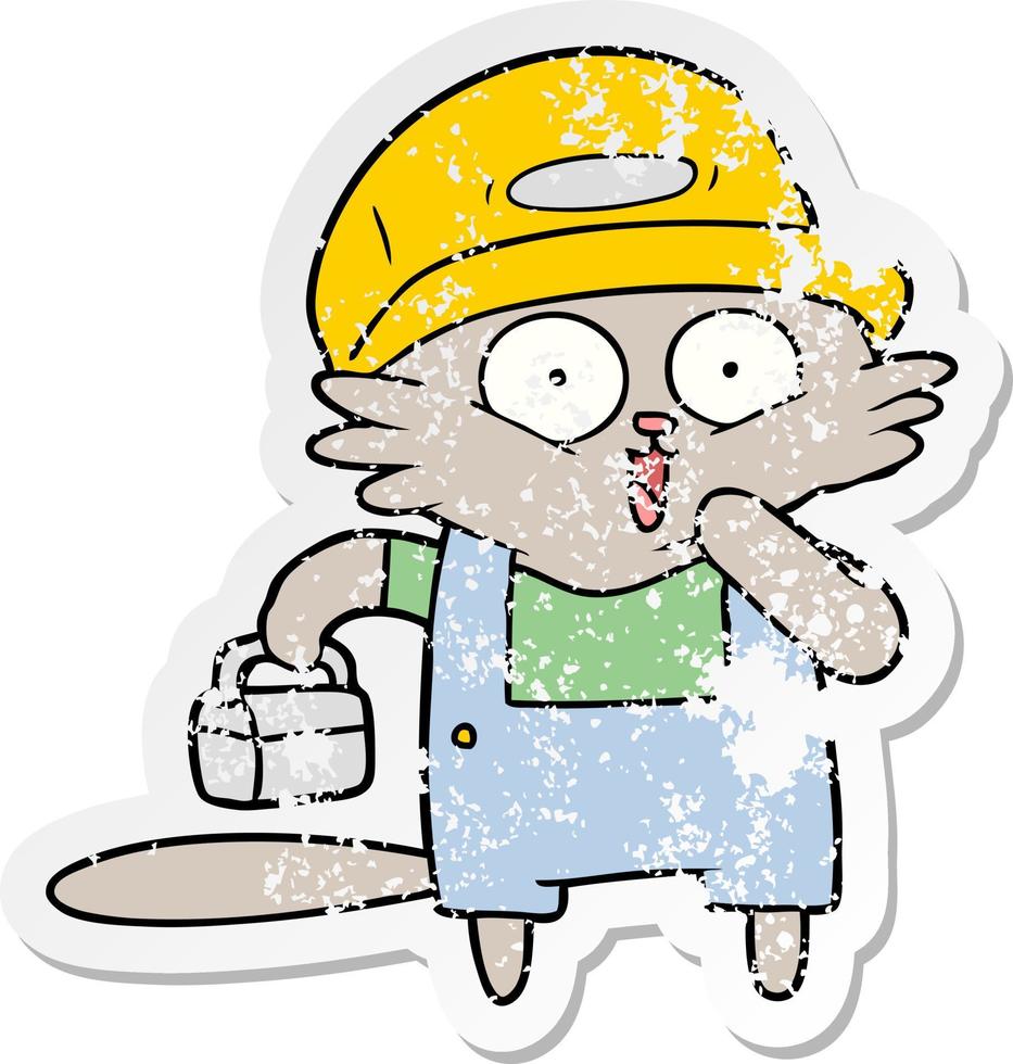 distressed sticker of a cartoon cat builder stopping for lunch vector