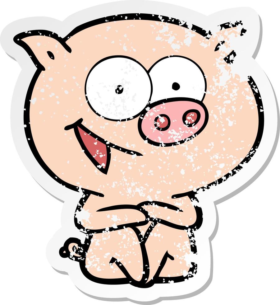 pegatina angustiada de una alegre caricatura de cerdo sentado vector