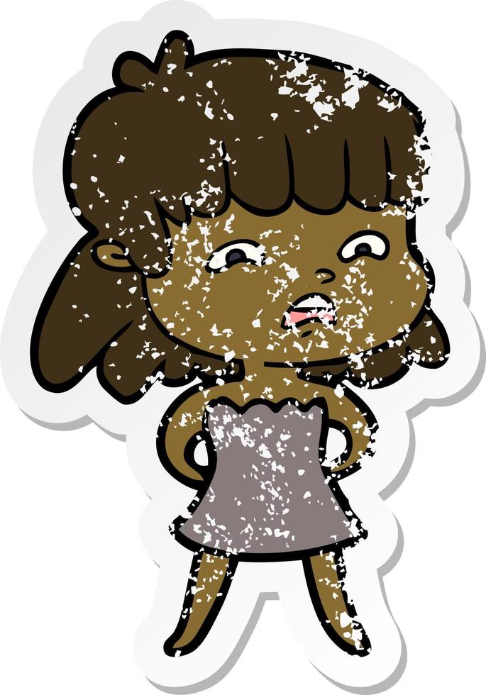 distressed sticker of a cartoon worried woman vector