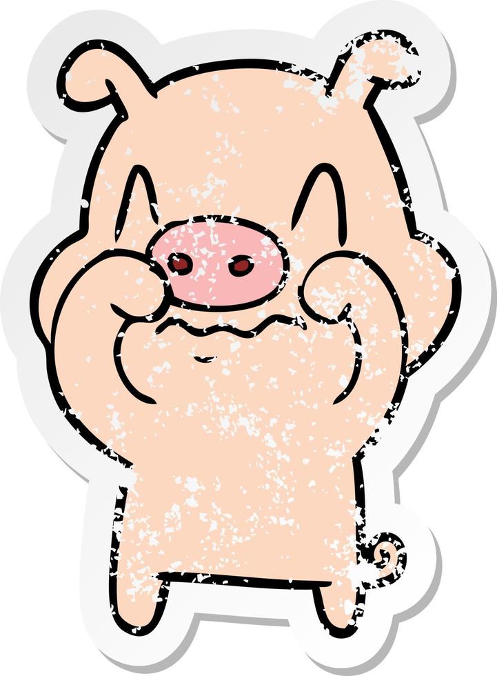 distressed sticker of a nervous cartoon pig vector