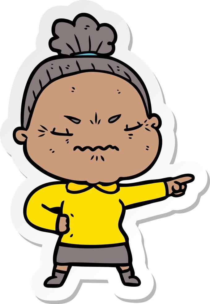 sticker of a cartoon annoyed old lady vector