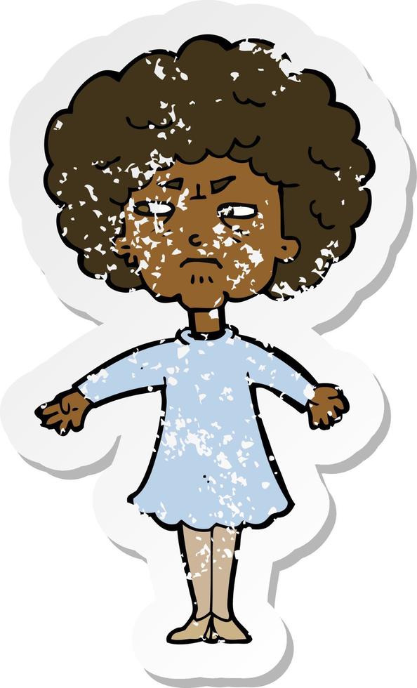 retro distressed sticker of a cartoon bitter old woman vector