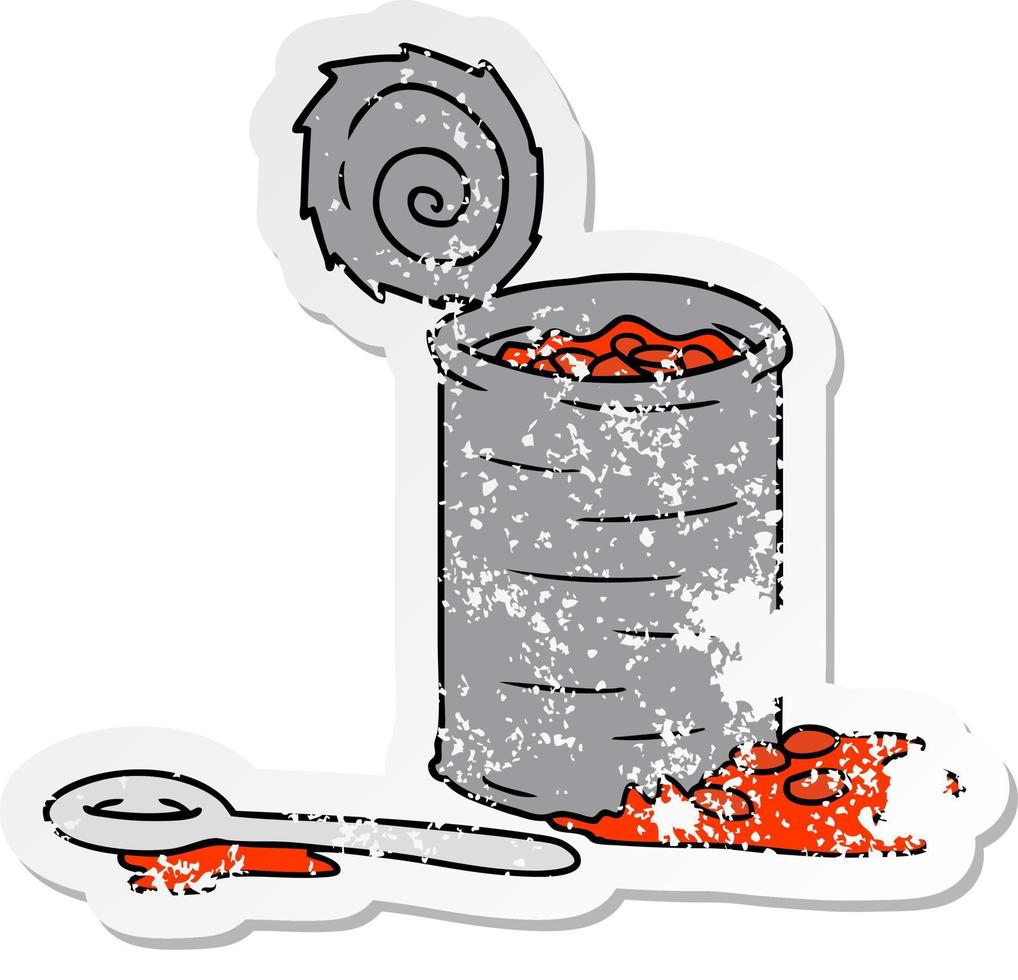 distressed sticker cartoon doodle of an opened can of beans vector