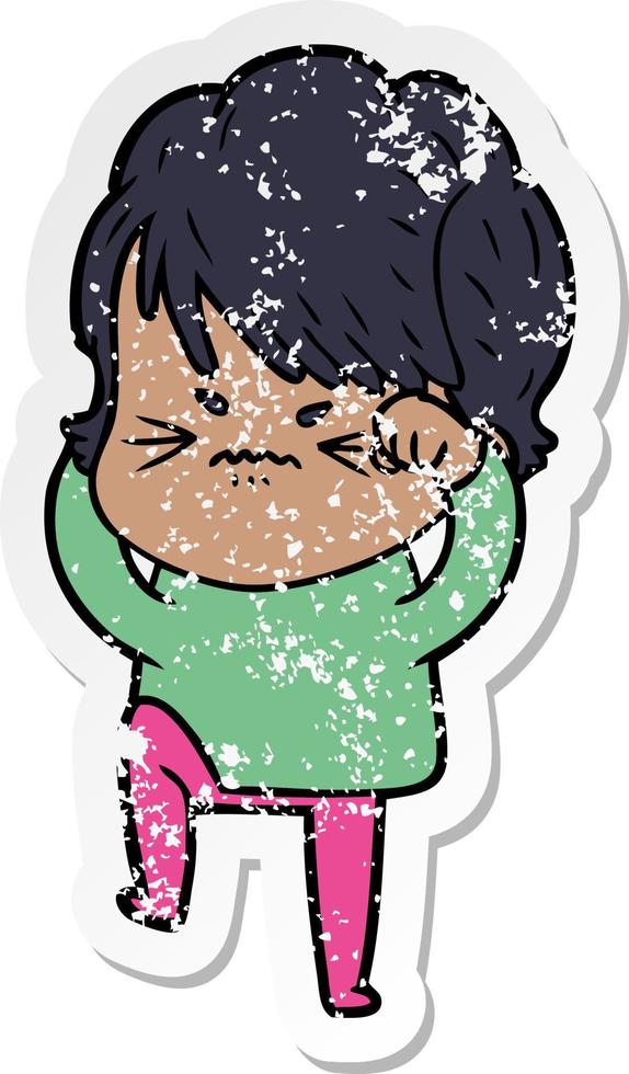 distressed sticker of a cartoon frustrated woman vector