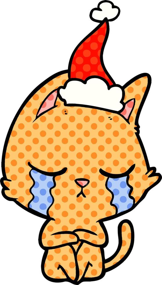 ilustración de estilo cómic llorando de un gato sentado con sombrero de santa vector