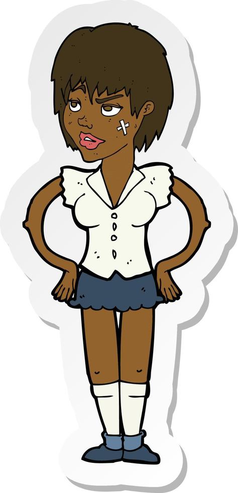 sticker of a cartoon tough woman with hands on hips vector