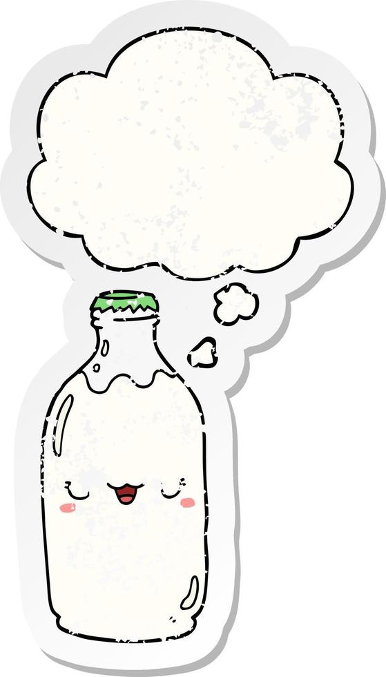 cute cartoon milk bottle and thought bubble as a distressed worn sticker vector