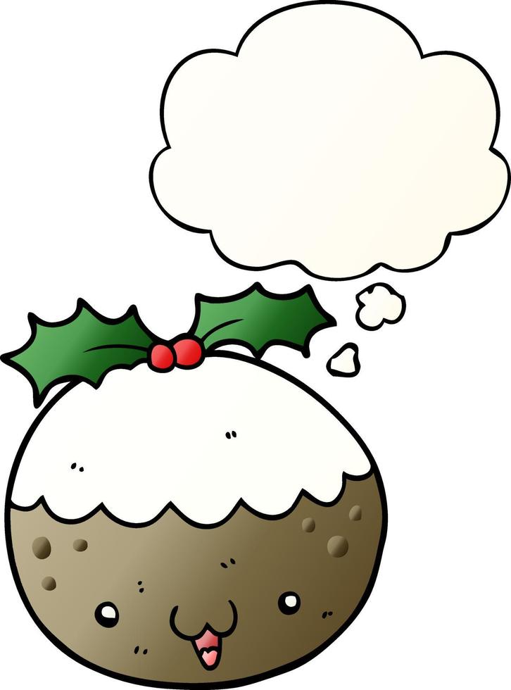 cute cartoon christmas pudding and thought bubble in smooth gradient style vector