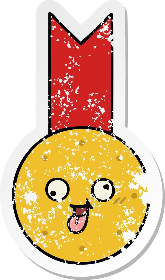 distressed sticker of a cute cartoon gold medal vector