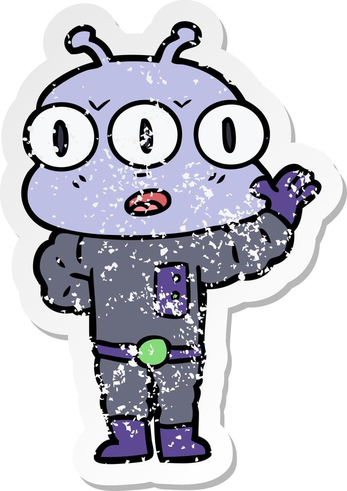 distressed sticker of a cartoon three eyed alien vector