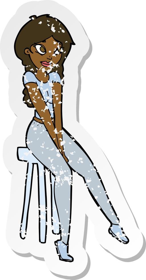 retro distressed sticker of a cartoon pretty girl on stool vector