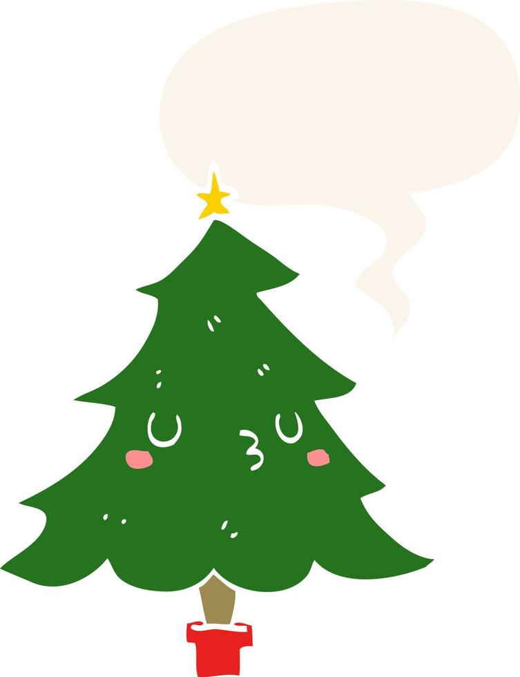 lindo árbol de navidad de dibujos animados y burbuja de habla en estilo retro vector