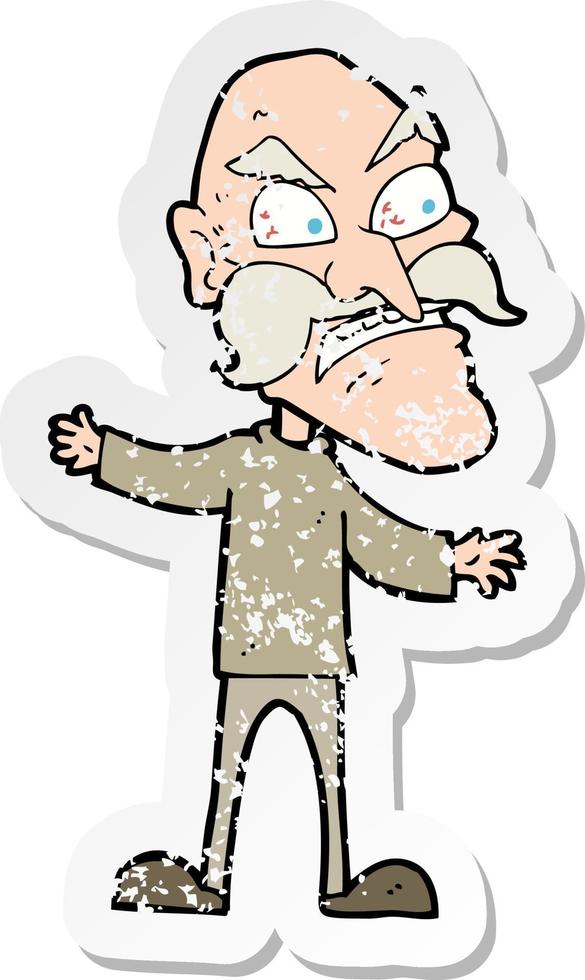retro distressed sticker of a cartoon angry old man vector