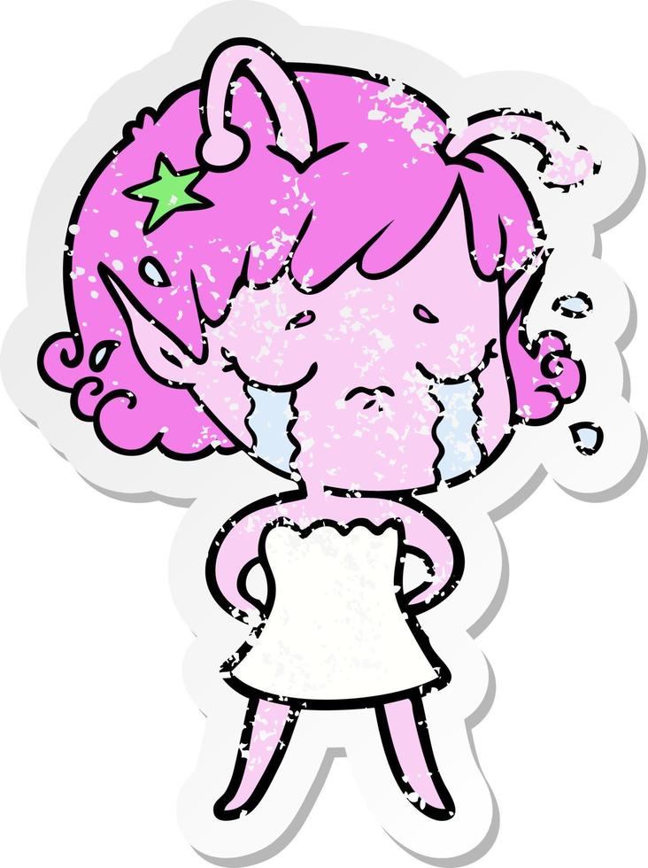 distressed sticker of a cartoon crying alien girl vector
