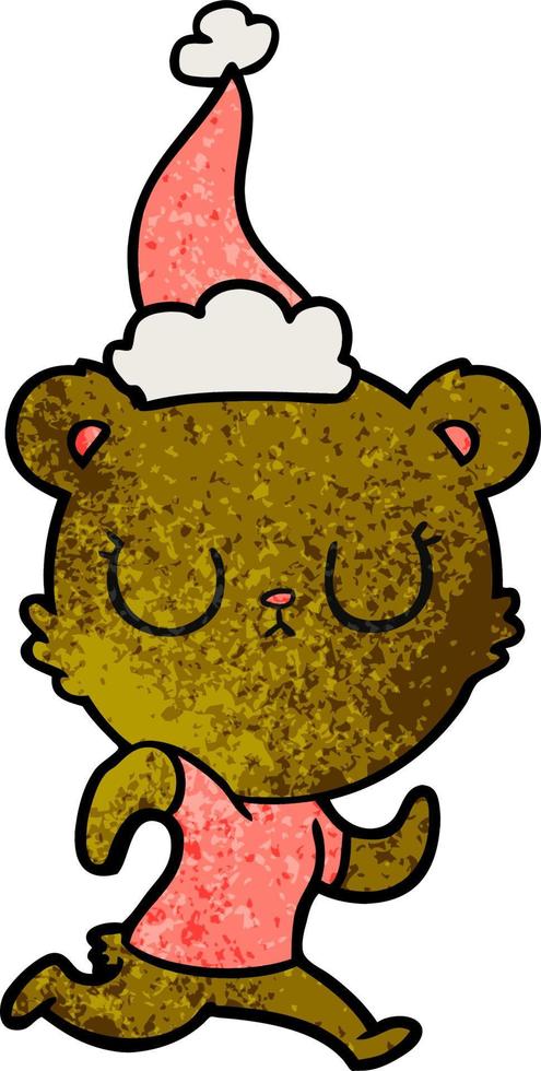 peaceful textured cartoon of a bear running wearing santa hat vector