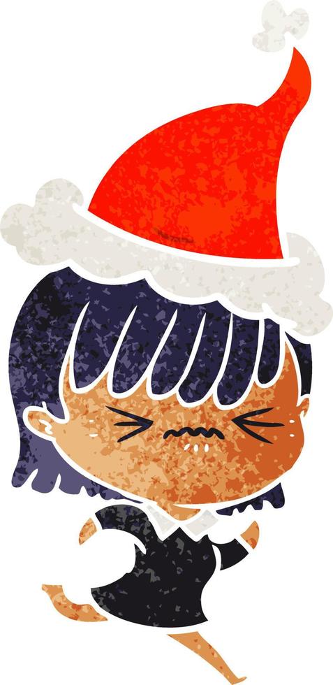 dibujos animados retro molesto de una chica con sombrero de santa vector