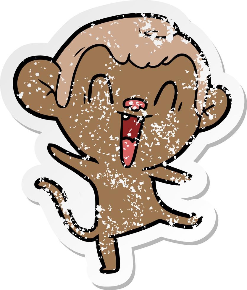 distressed sticker of a cartoon laughing monkey vector