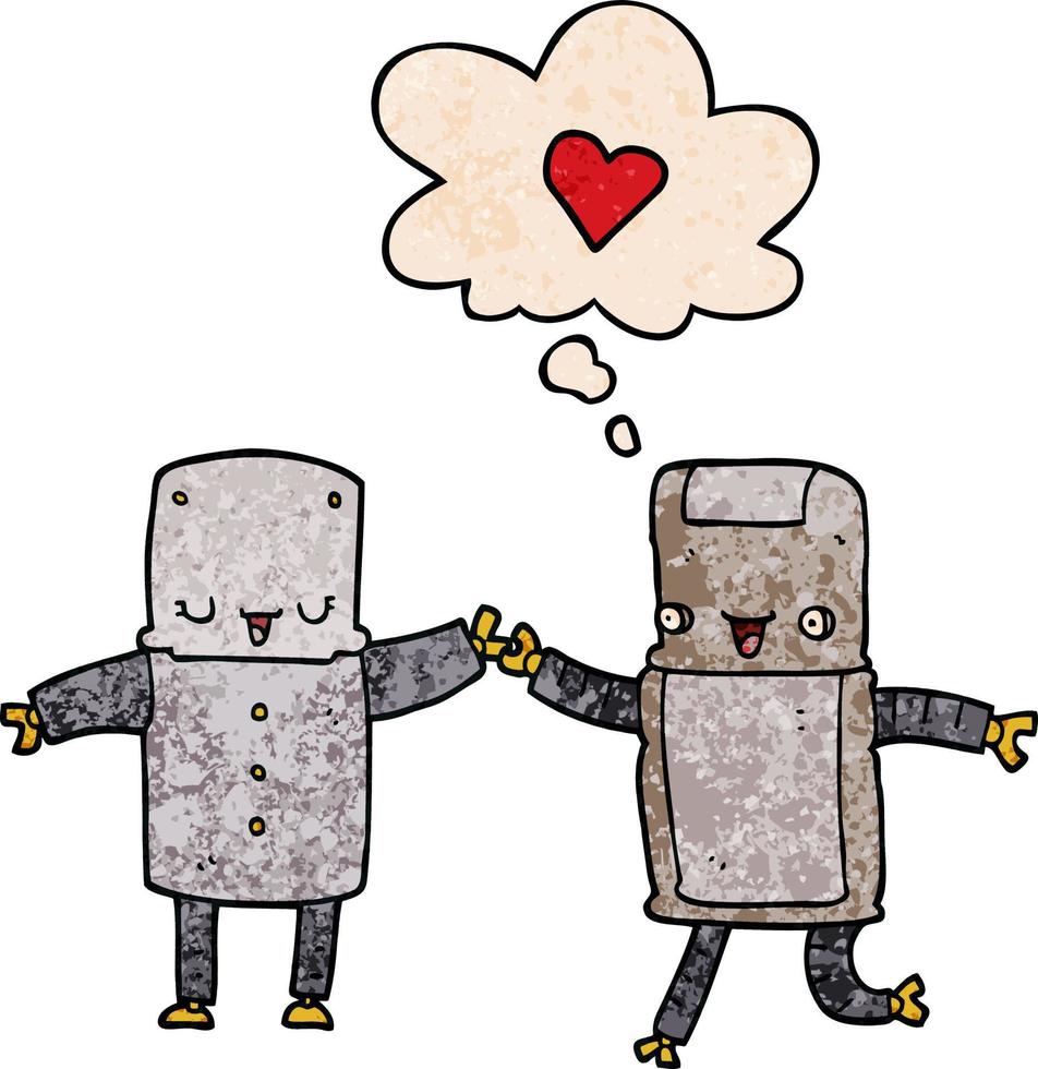 cartoon robots in love and thought bubble in grunge texture pattern style vector