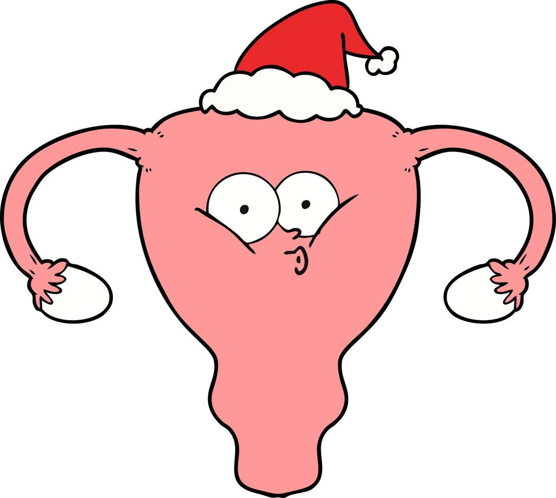 line drawing of a uterus wearing santa hat vector