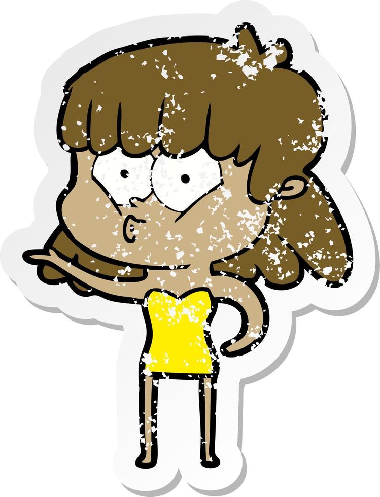 distressed sticker of a cartoon whistling girl vector