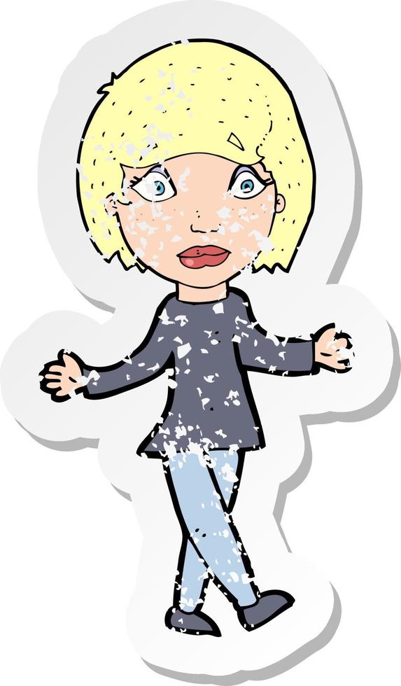retro distressed sticker of a cartoon suprised woman vector