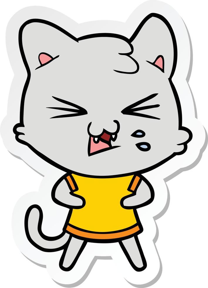 sticker of a cartoon hissing cat vector