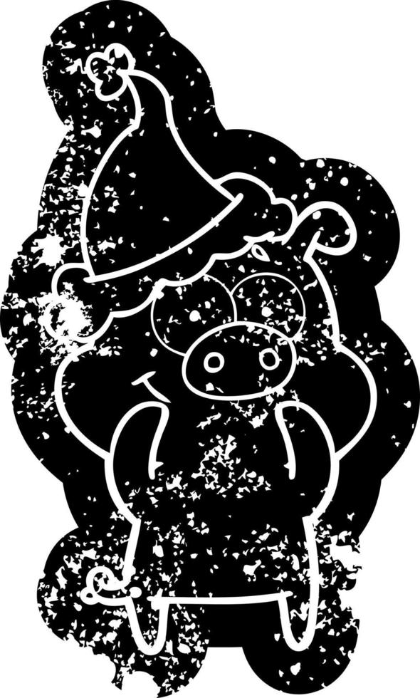 happy cartoon distressed icon of a pig wearing santa hat vector