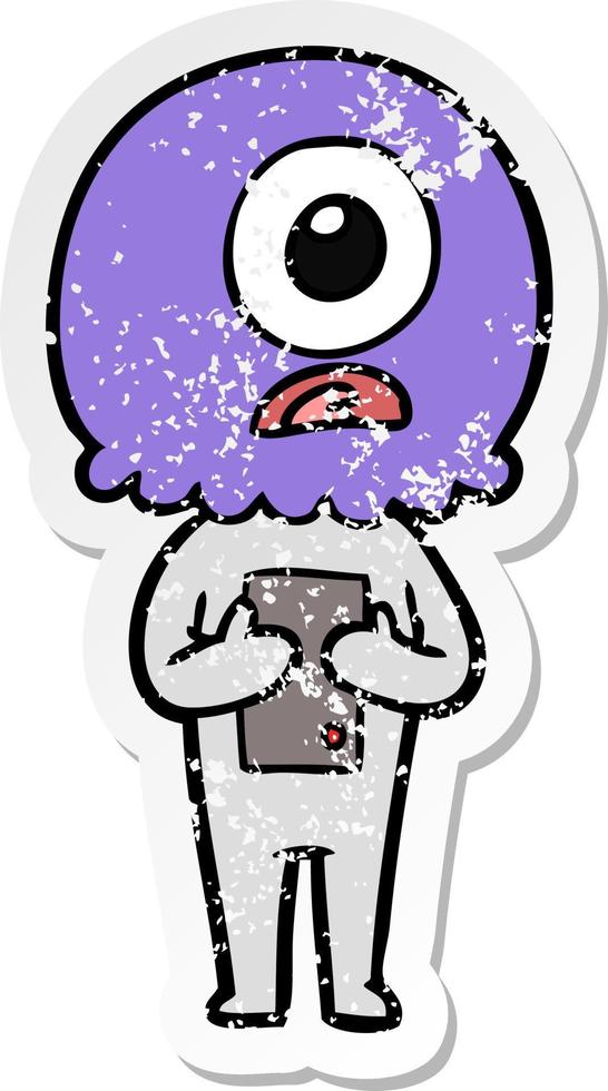 distressed sticker of a cartoon cyclops alien spaceman vector