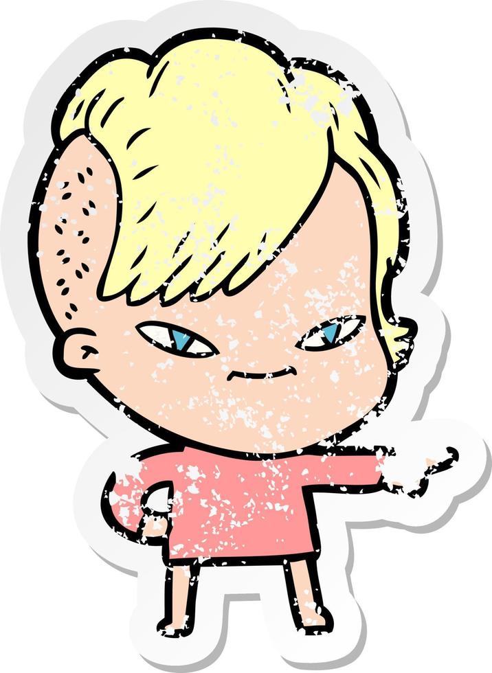distressed sticker of a cute cartoon girl with hipster haircut vector
