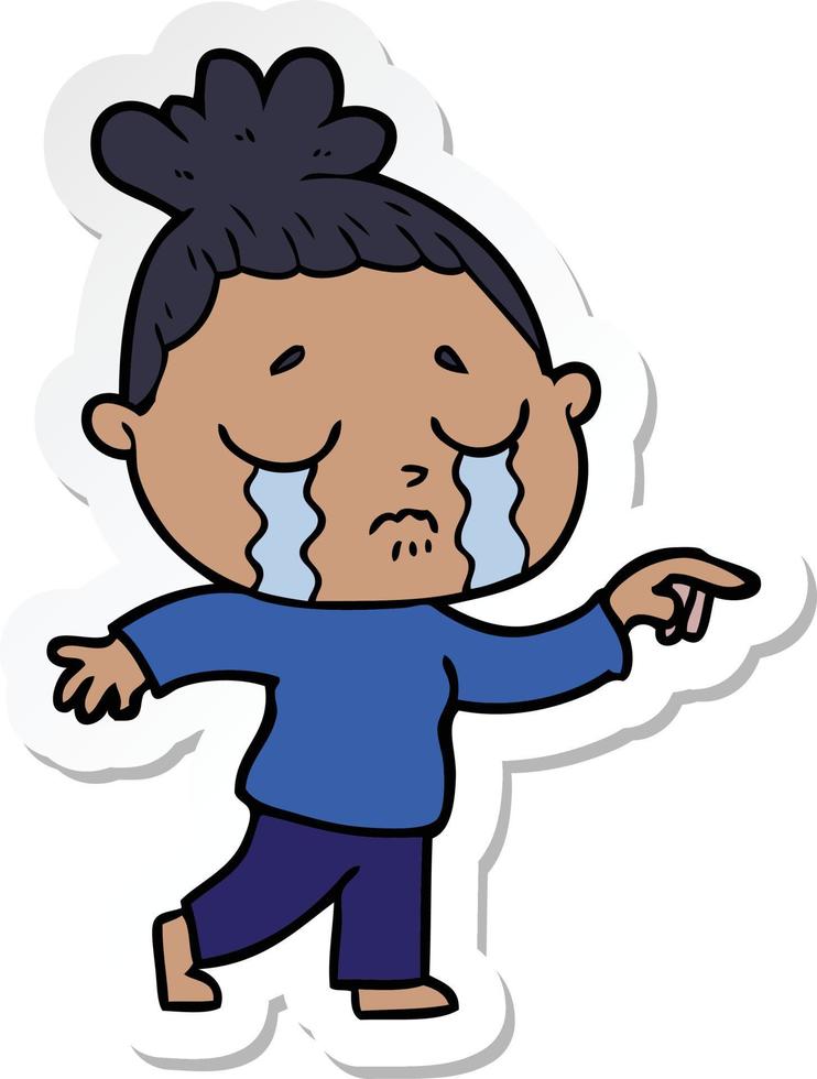 sticker of a cartoon crying woman pointing vector