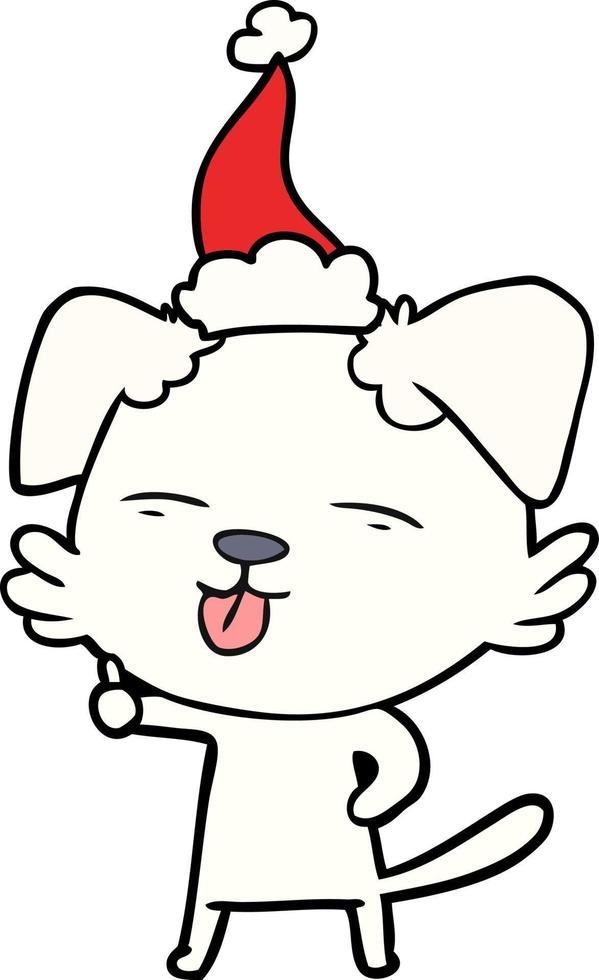 line drawing of a dog sticking out tongue wearing santa hat vector
