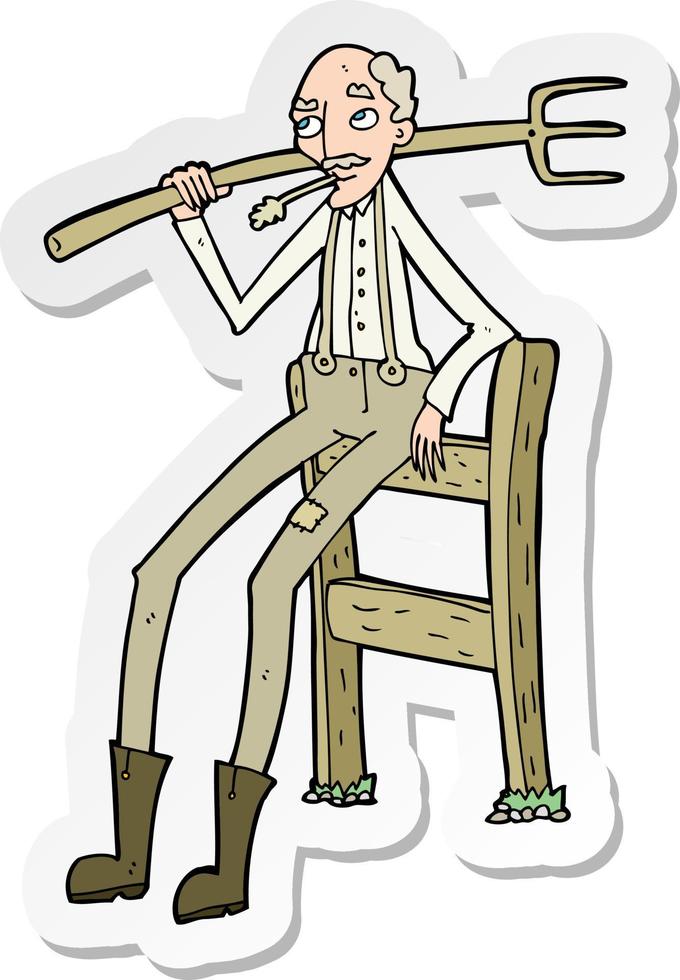 sticker of a cartoon old farmer leaning on fence vector