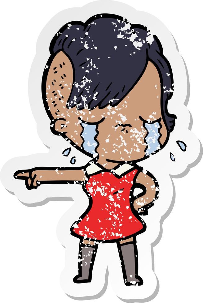 distressed sticker of a cartoon crying girl pointing vector