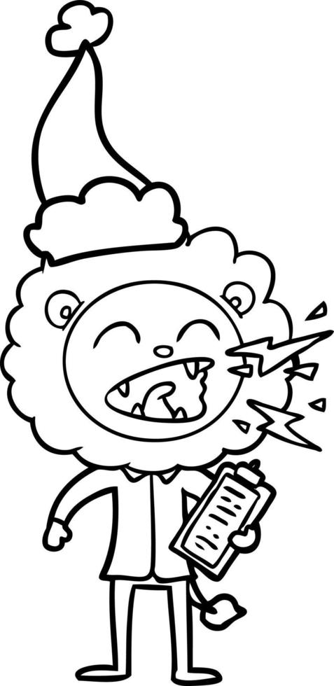 line drawing of a roaring lion doctor wearing santa hat vector