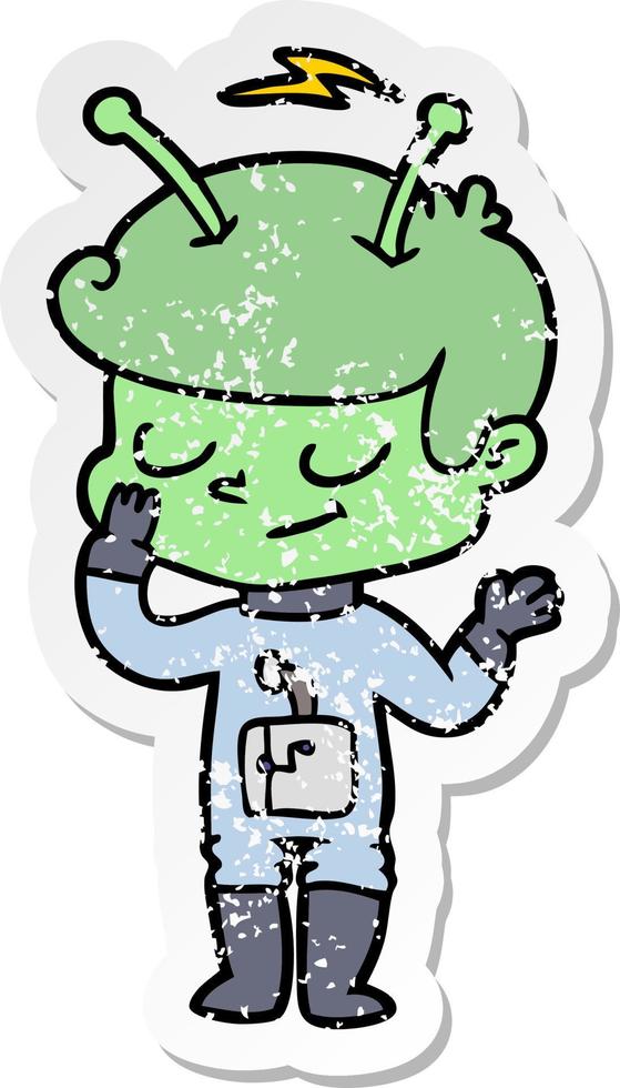 distressed sticker of a friendly cartoon spaceman vector