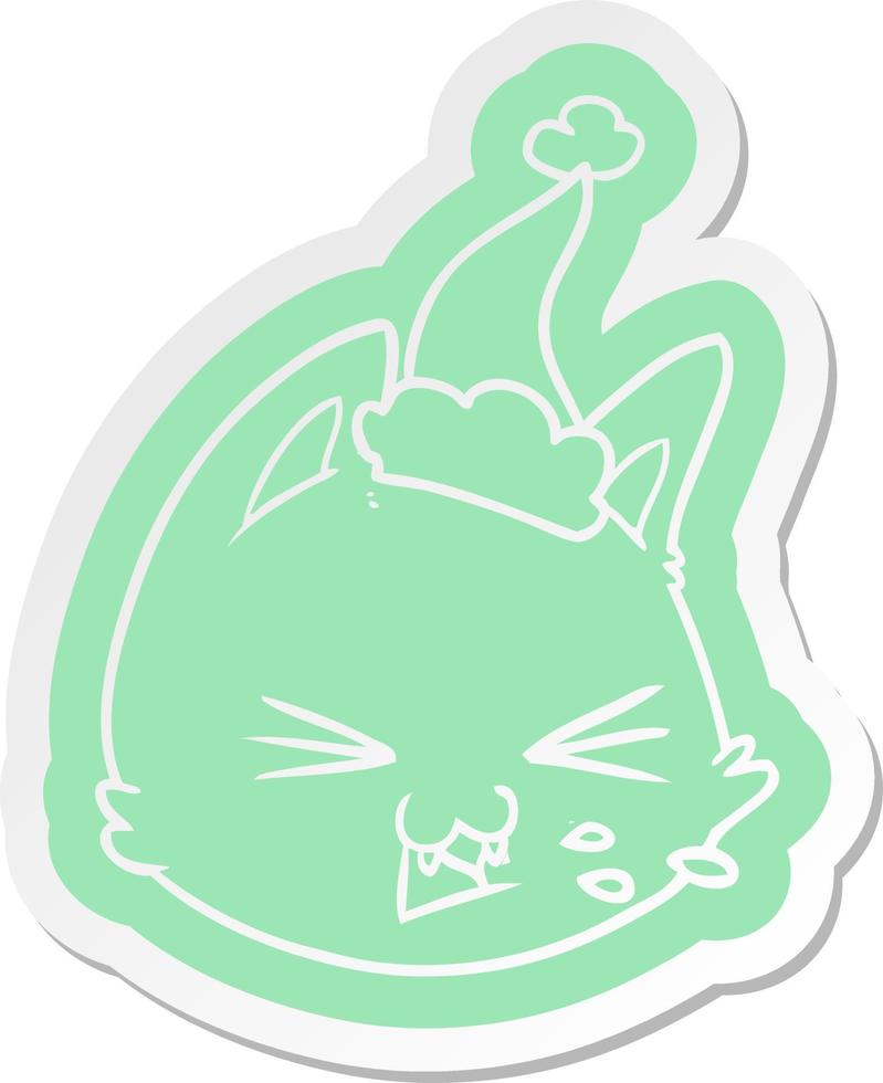 spitting cartoon  sticker of a cat face wearing santa hat vector