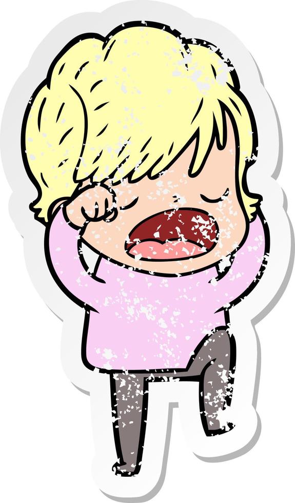 distressed sticker of a cartoon woman talking vector