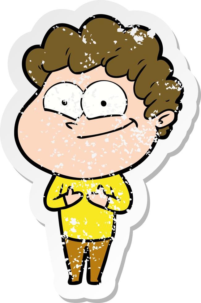 distressed sticker of a cartoon happy man vector