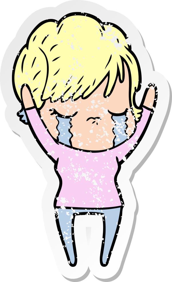 distressed sticker of a cartoon woman crying vector